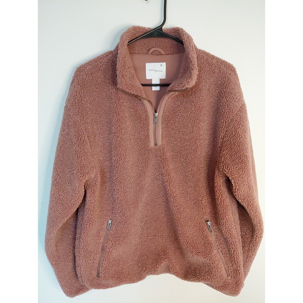 Daily Ritual Size M Womens Thick Sherpa‎ Fleece Pullover Sweater  Zip Up Coral